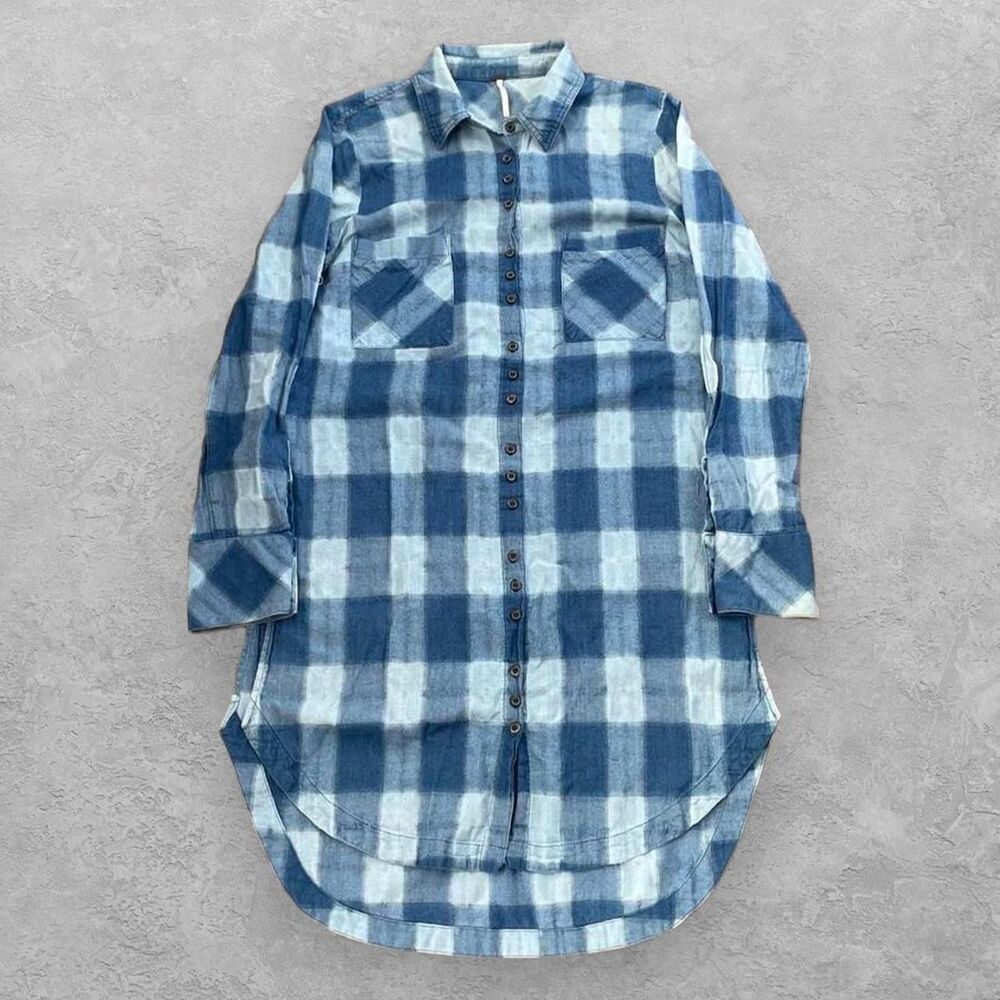 Free People Plaid Flannel Tunic M Blue Long Line Button Down Boho Grunge